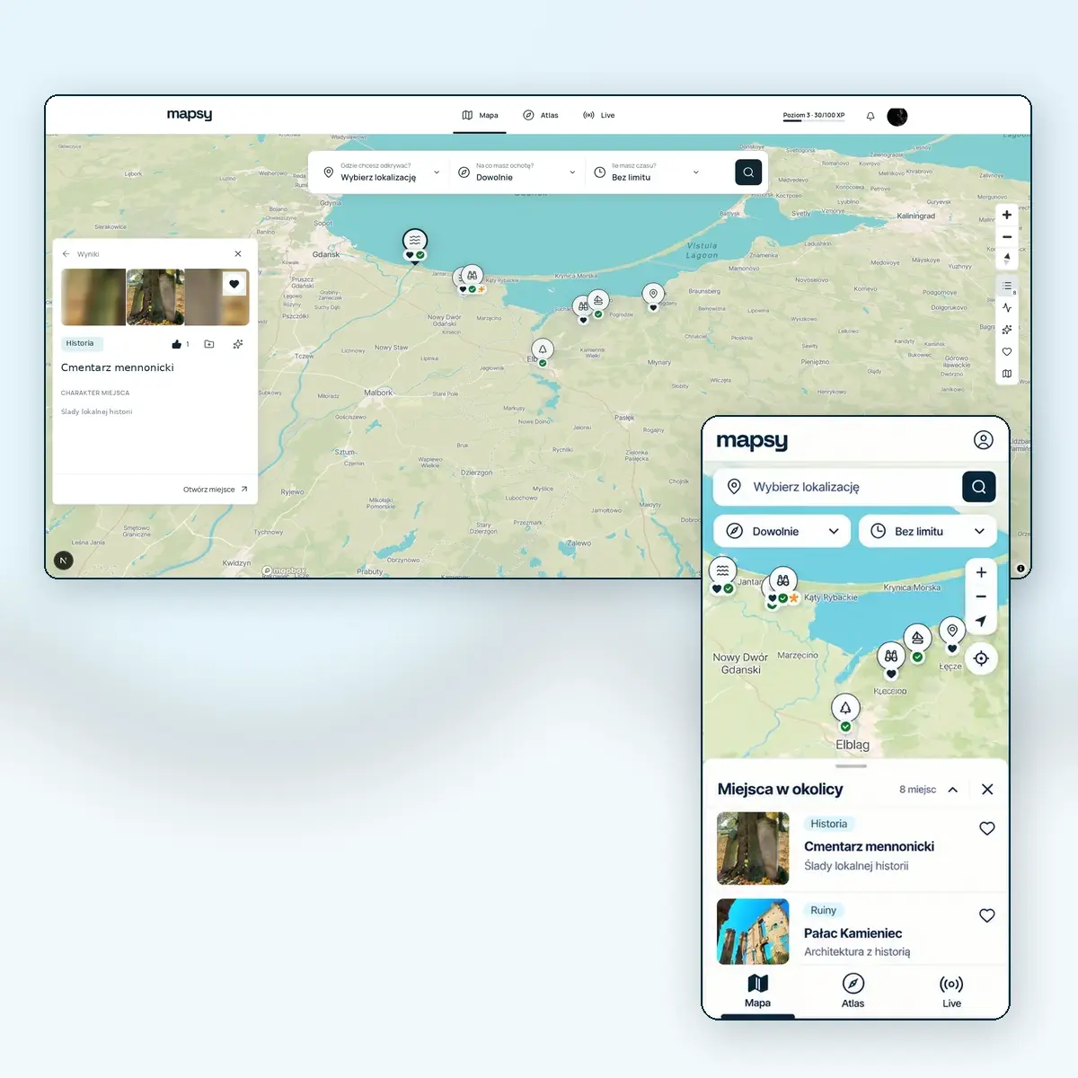 Mapa Mapsy na komputerze z kartą Cmentarza mennonickiego oraz widok telefonu z listą miejsc w okolicy.